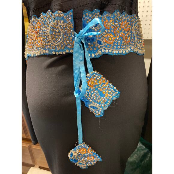 New Baba Clothing Los Angeles Blue Gold Beaded Sequined Women's tie Belt India - Picture 2 of 4